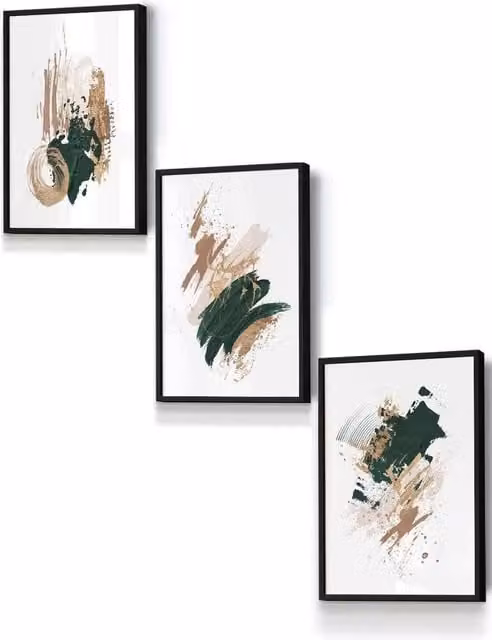 ARTZE Abstract Green, Beige and Gold Oil Strokes Framed Wall Art in Black, W: 33 cm, H: 45 cm, D: 2 cm