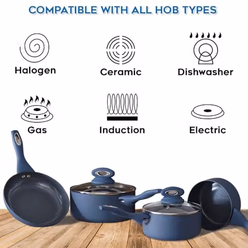 Cermalon 5-Piece Ceramic Cookware Set in Blue with Grey Accents, including Frying Pans and Saucepans with Lids – 4