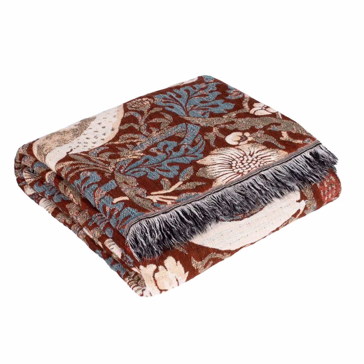 Morris & Co. Strawberry Thief Jacquard Throw with Fringes in Red, W: 130 cm, D: 170 cm – 4