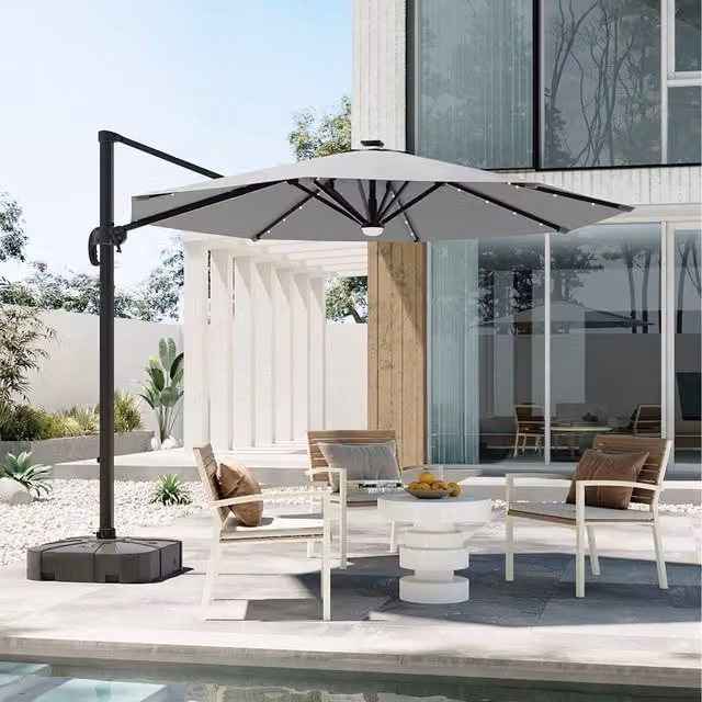 Komore Round Cantilever Parasol with Solar-Powered Lights in Light Grey and Black
