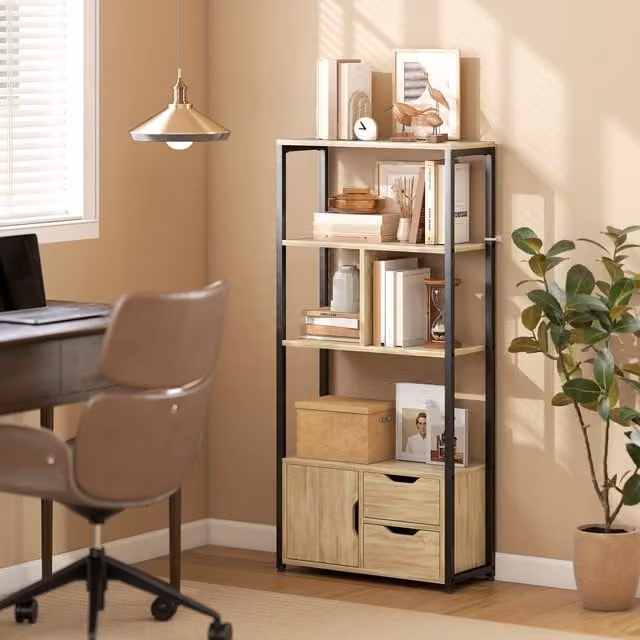 HOMCOM Industrial Bookshelf with 1 Cabinet and 2 Drawers in Natural Wood Finish Brown and Yellow