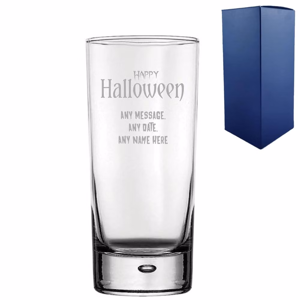 Uniqueful Personalised Engraved Happy Halloween Bubble Hiball Tumbler Glass, 550ml, Clear