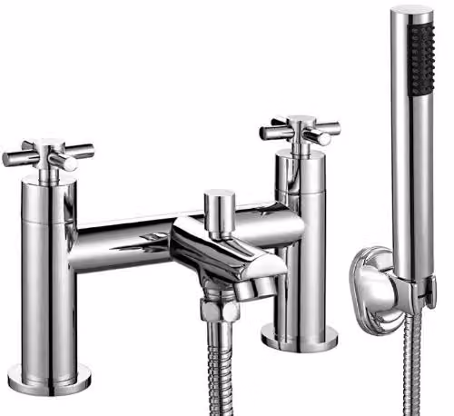 Nes Home Crox Modern Chrome Deck Mounted Cross Head Bath Shower Mixer Tap with Handset Kit in Metallic Silver – 1