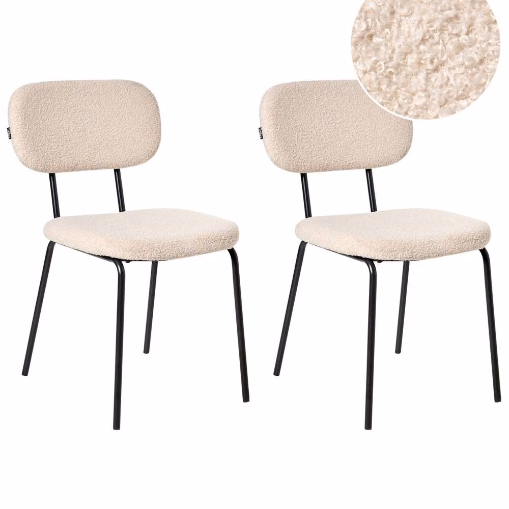 Wyld and Coco Set of 2 Beige Bouclé Dining Chairs with Black Metal Base – 2