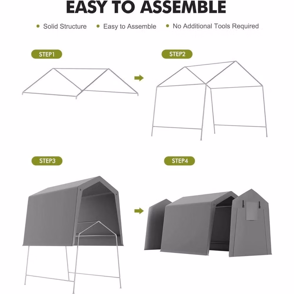 VOGREX Grey Portable Carport Storage Shed with Roll-Up Gable Roof – 6