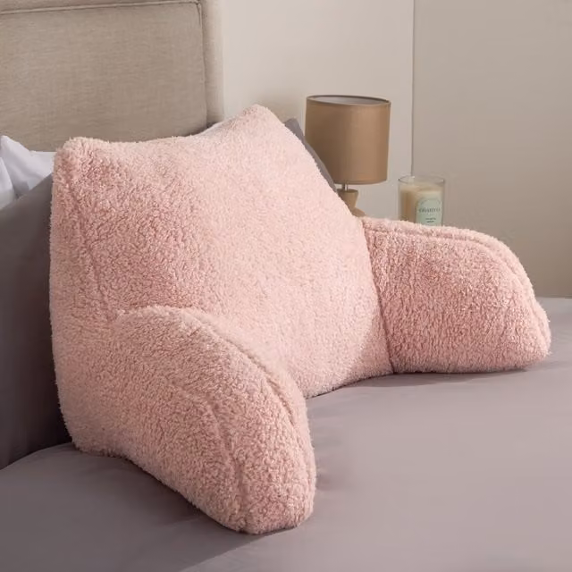 OHS Teddy Fleece U-Shaped Bed Reading Cushion with Lumbar Support in Light Pink – 1