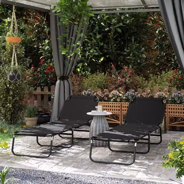 Outsunny Set of 2 Foldable Sun Loungers with Adjustable Headrest in Black
