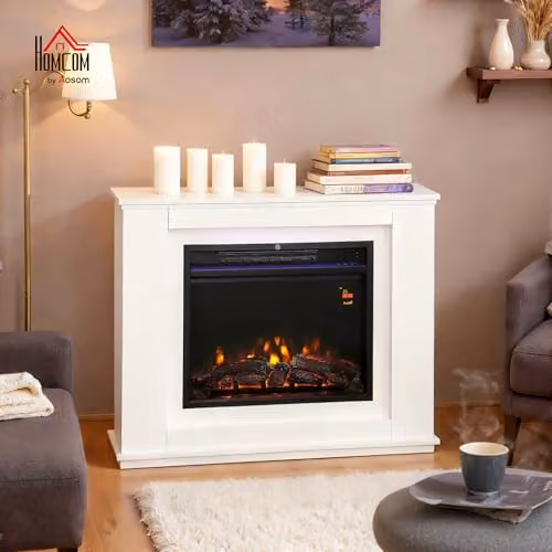 HOMCOM White Inset Electric Fireplace with Mantel and Realistic Flame Effect, 1000W/2000W – 2