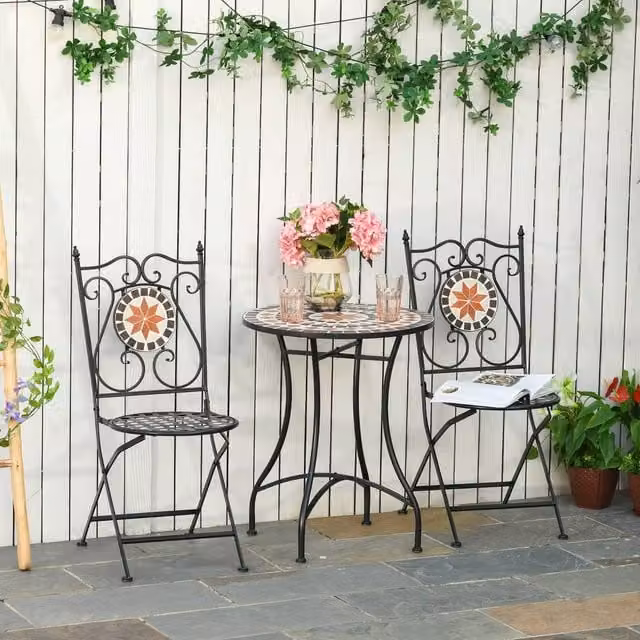 OUTSUNNY 3 Piece Mediterranean Garden Set with Ceramic Tile Round Table and 2 Foldable Chairs in Black