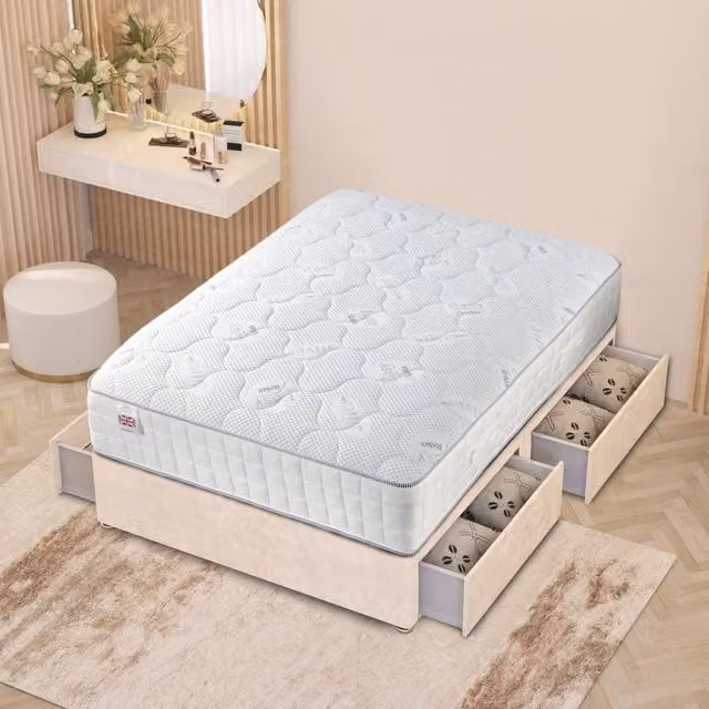 Horizona Hybrid Upholstered Velvet Divan Bed with Drawers in Beige and Yellow, W/D/H: 180 x 200 cm