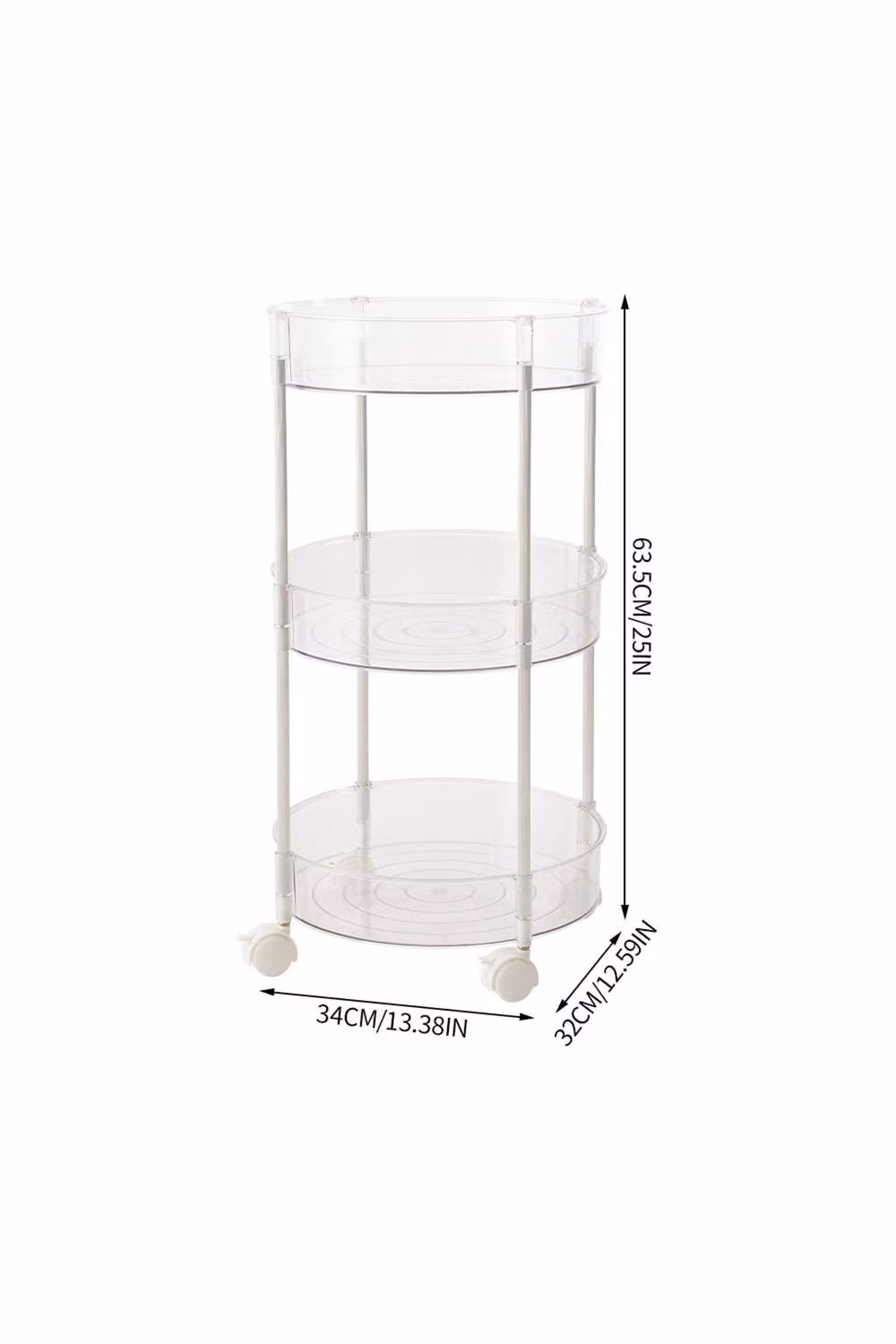 Living and Home 3-Tier Transparent Round Rolling Storage Cart, Clear, Diameter: 34 cm, Height: 63.5 cm – 3