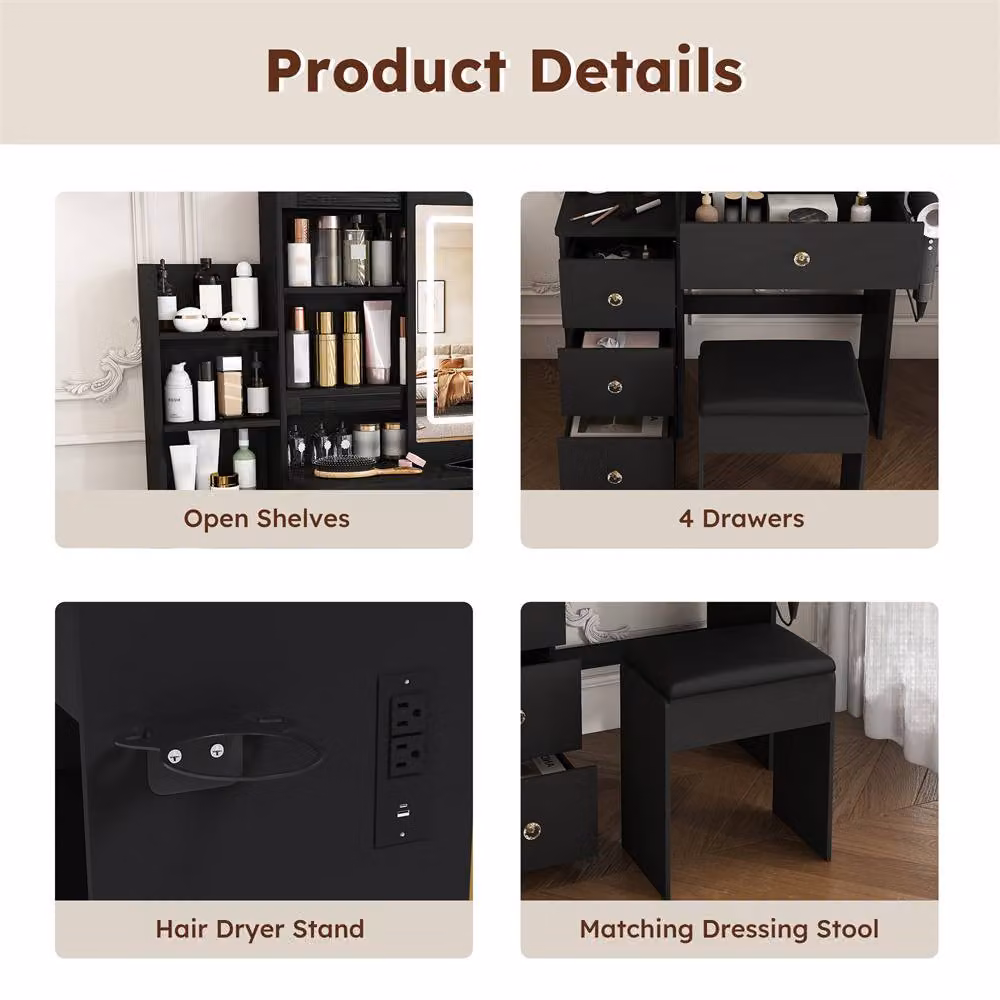 Direct Wicker Modern LED Vanity Desk with 4 Drawers, Power Socket and Dressing Chair in Black – 5