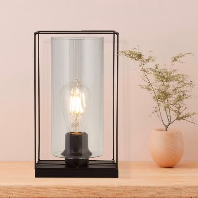Lighting Collection Modern Black Frame Table Lamp with Transparent Glass Cylinder and Height Adjustable Design – 2