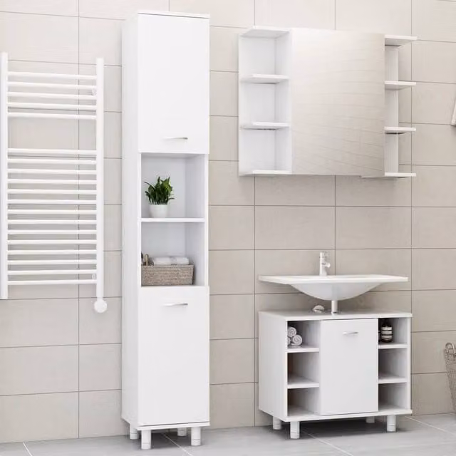 Berkfield Home 3 Piece Modern White MDF Bathroom Furniture Set Including Tall Cabinet, Vanity Unit and Mirror Cabinet
