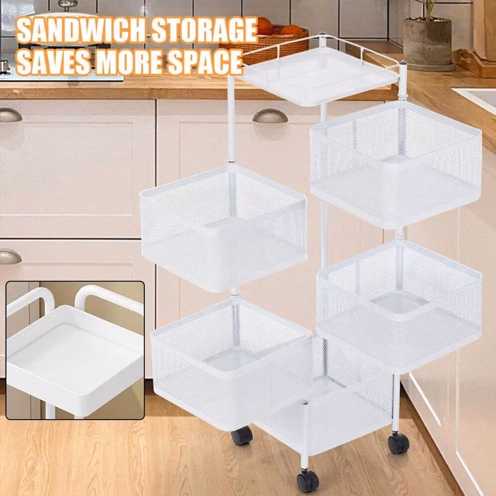 EONLION White Metal Rotating Kitchen Trolley and Fruit Basket Storage Shelf