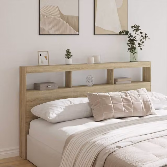 Berkfield Home Modern Sonoma Oak Headboard Cabinet in Brown with LED Lighting and USB Charging Port, W: 180 cm, D: 17 cm, H: 102 cm