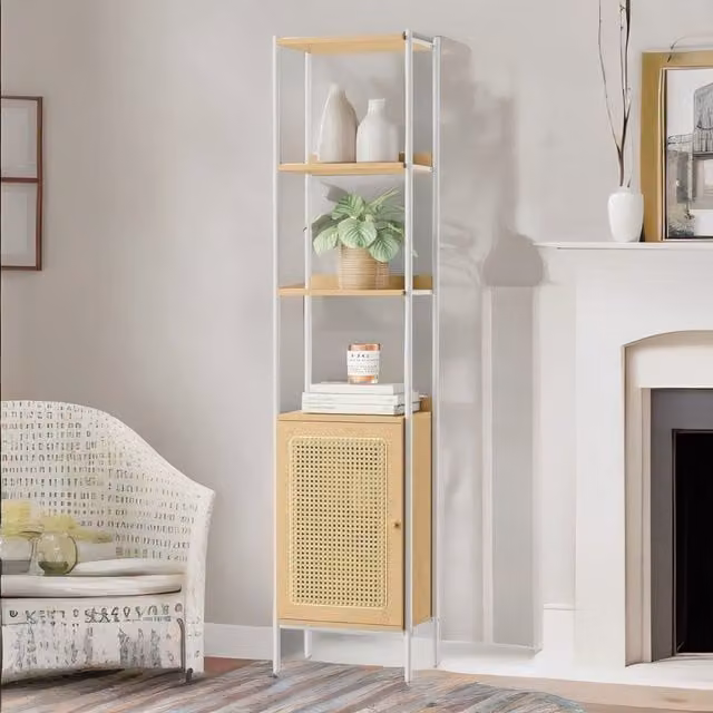 Furnold Beige Rattan-Style Narrow Bookcase with 2 Adjustable Shelves, W: 30.0 cm, H: 174.7 cm, D: 30.0 cm
