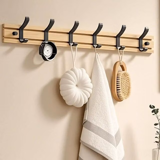 NESTLUNE 6 Hook Rotating Bamboo Wall Mounted Clothes Coat Hanger in Brown