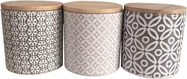 DEENZ Set of 3 Grey and White Geometric Ceramic Canisters with Bamboo Lids