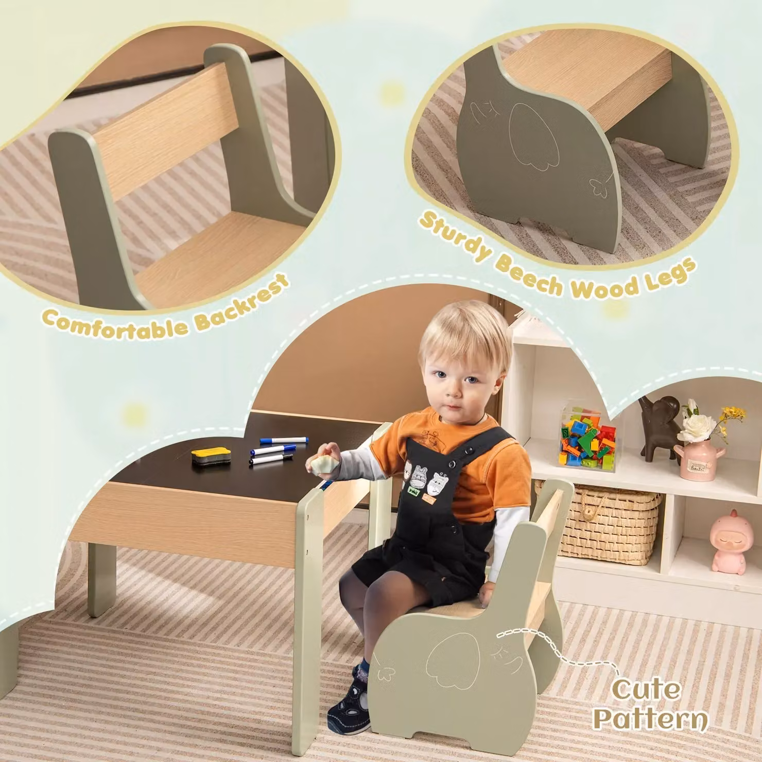 Costway Wooden Activity Desk and 2 Chairs Set with Reversible Blackboard in Green – 2