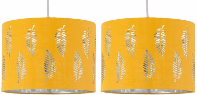First Choice Lighting Set of 2 Fern Ochre Cut Out Round Fabric Pendant Lightshades in Yellow and Silver, Diameter: 25 cm