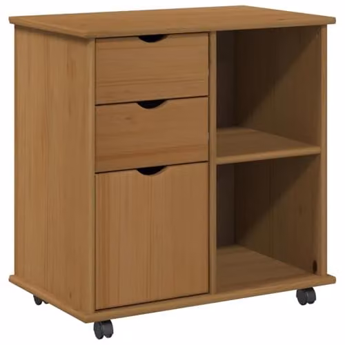 vidaXL Rolling Cabinet in Brown Solid Pine Wood, W: 63.5 cm, D: 39 cm, H: 65.5 cm