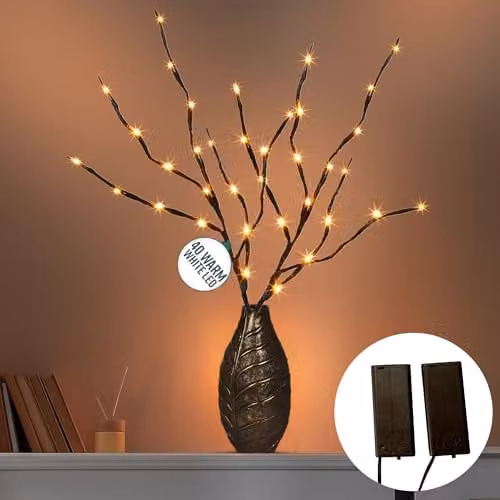Globrite 2 Pack Brown LED Twig Branch Lights with 20 Warm White LEDs, Battery Powered Decorative Branches for Christmas and Autumn Indoor Décor