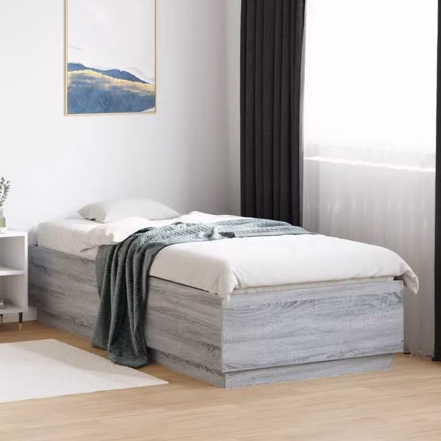 Berkfield Home Modern Grey Sonoma Bed Frame with LED Under-Bed Lighting and USB Charging Port, W/D/H: 100 x 200 cm