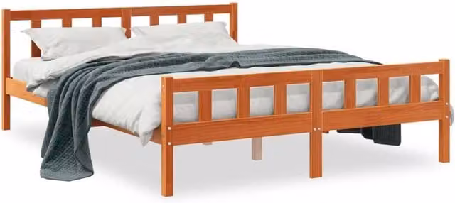 Berkfield Home King Size Solid Wood Bed Frame with Headboard in Wax Brown, W/D/H: 150 x 200 cm