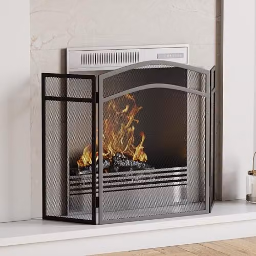 Milton 3 Panel Arched Metal Fire Guard and Spark Screen in Black, H 96.0 cm x W 60.0 cm x D 8.0 cm – 2