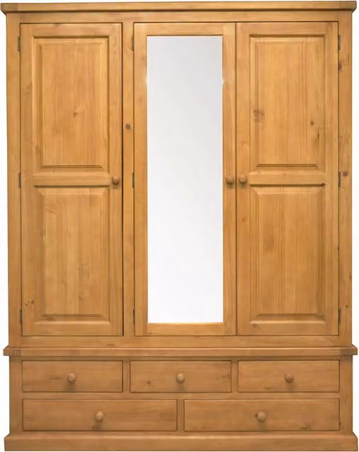 Rest Relax Rustic Pine Triple Wardrobe with Mirrors in Brown, H 200 cm x W 158 cm x D 54 cm