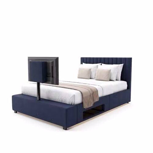 X Rocker Maisie Velvet Double Ottoman TV Bed with Underbed Storage and LED Lighting in Navy Blue – 3