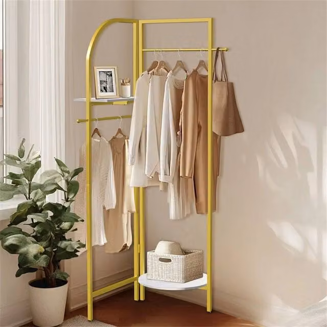 Kelvenix Modern Metal Hall Tree with Bench and Continuous Linear Rail in Glossy Gold