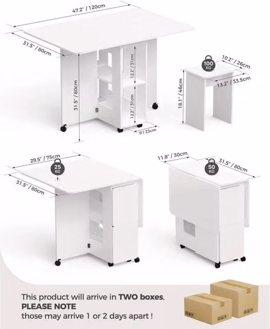 VOGREX White Folding Dining Table and 4 Chairs Set with Drop Leaf and Storage Shelf, W: 100 cm, D: 80 cm, H: 70 cm