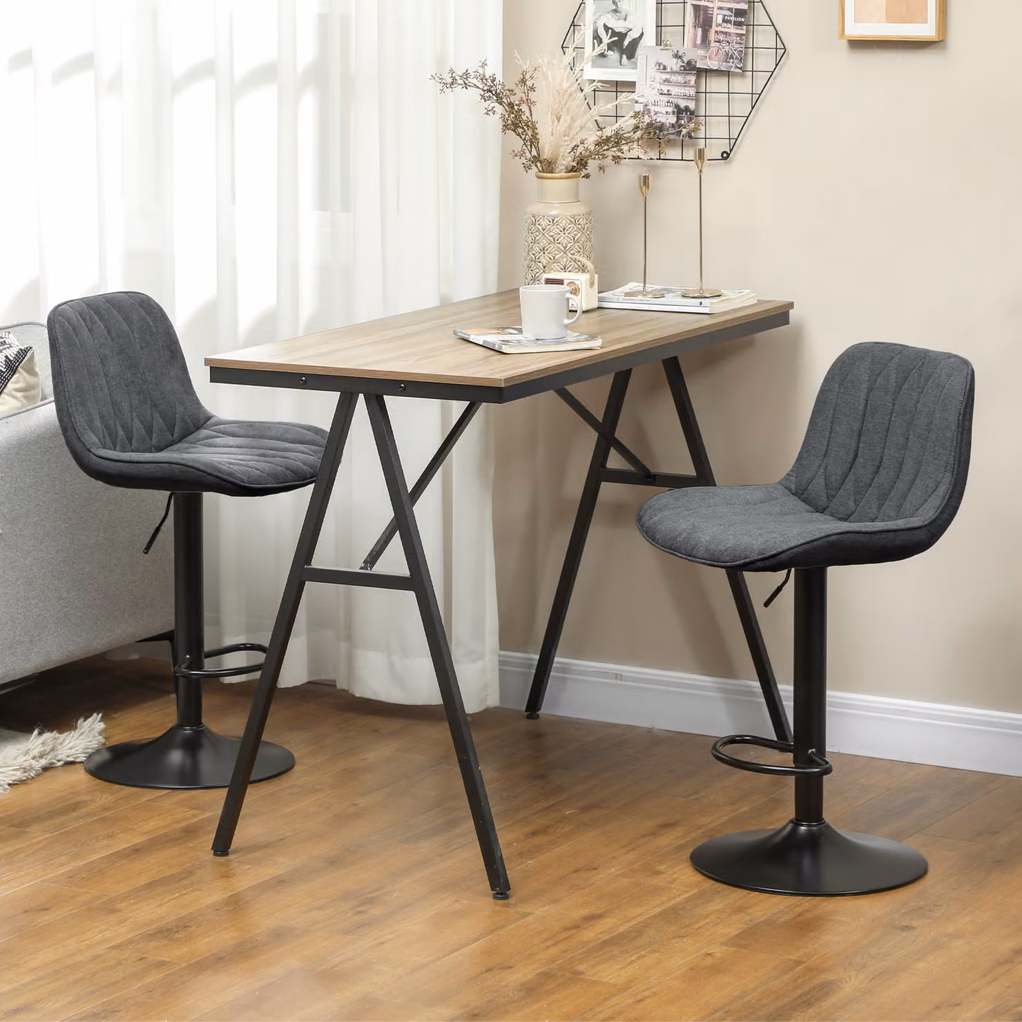 HOMCOM Set of 2 Height Adjustable Swivel Bar Stools with Backrest in Grey Velvet – 2