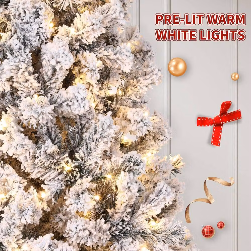 London Boutique 7.5ft Snow-Flocked Artificial Christmas Tree with Warm White LED Lights in White – 6