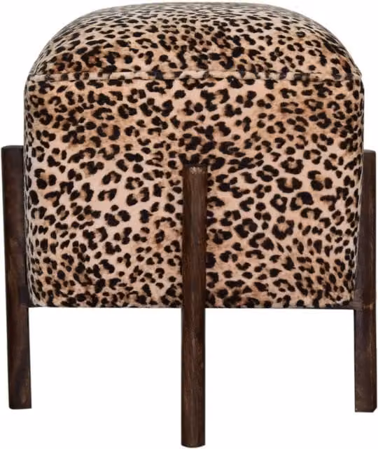 KDMK Leopard Print Velvet Rectangular Footstool with Solid Wood Legs in Brown and Multicolour