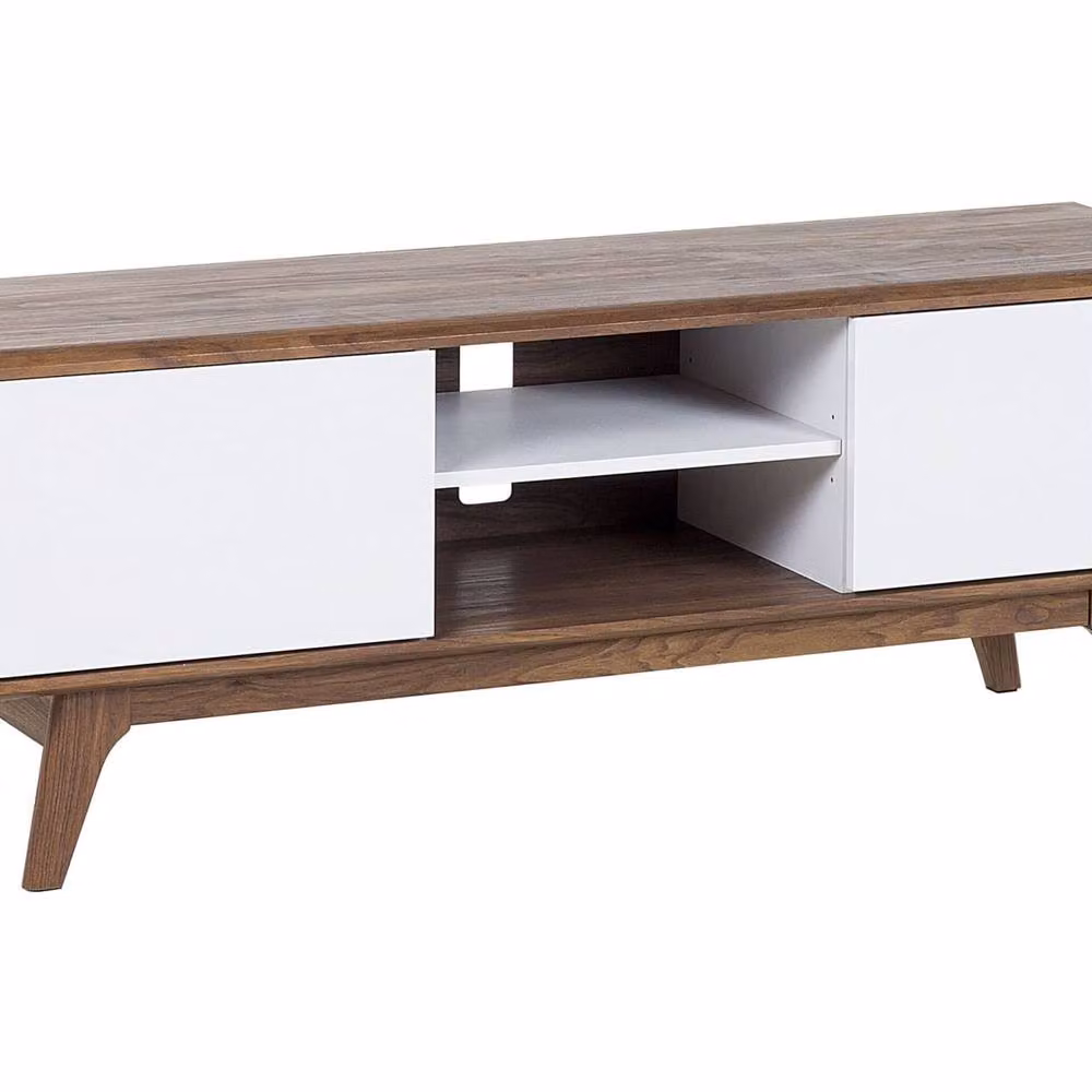 Wyld Haus Mid Century TV Stand in Brown and White with Media Compartments and Integrated Cable Management – 2