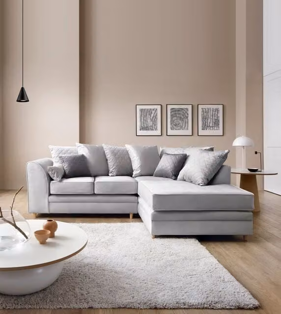 Abakus Direct Chicago Right Hand Facing L-Shaped Corner Sofa in Light Grey Velvet Fabric, W: 212 cm, D: 164 cm, H: 78 cm