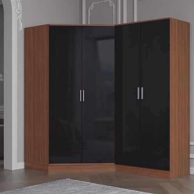REFLECT Black Gloss and Matt Walnut Wardrobe Bundle featuring a Corner Unit and 2-Door Plain Wardrobe with Soft-Close Hinged Doors