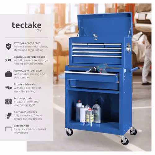 tectake Lockable and Rollable Steel Tool Chest in Blue – 4