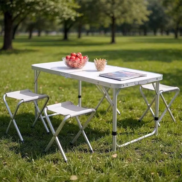 Living and Home Portable Folding Picnic Table and 4 Stools Set in White Powder Coated Aluminium