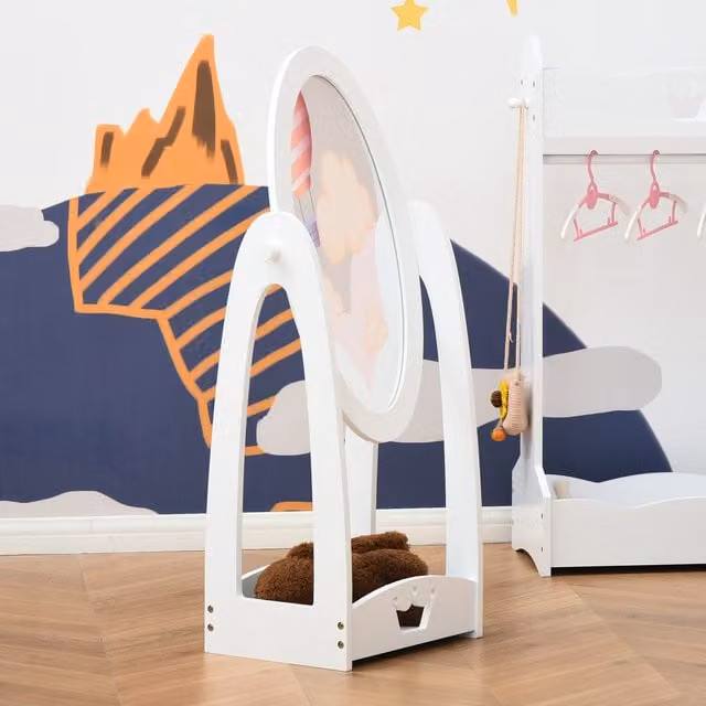 HOMCOM Free Standing Childrens Dressing Mirror with Storage Shelf, White