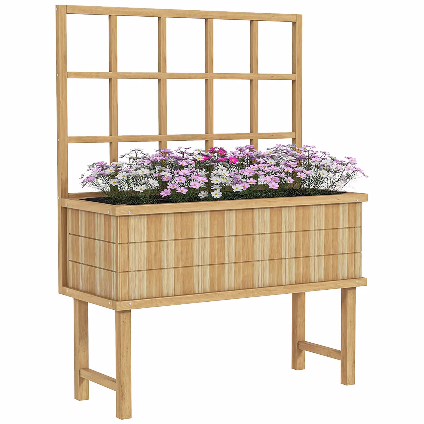 OUTSUNNY Wooden Raised Planter with Trellis and Drain Holes in Brown/Beige, W: 140 cm, D: 45 cm, H: 105 cm – 2