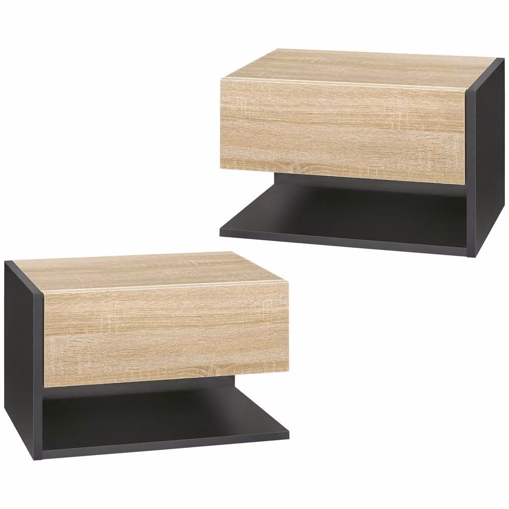 STILVORA Set of 2 Wall-Mounted Bedside Tables with Drawer and Shelf in Black – 4