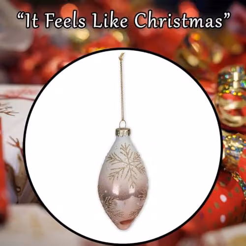 VFM e-Store Oval Glass Christmas Hanging Bauble Pendant in Beige, White and Gold with Snowflake Detail, H: 14 cm, W: 7 cm – 6