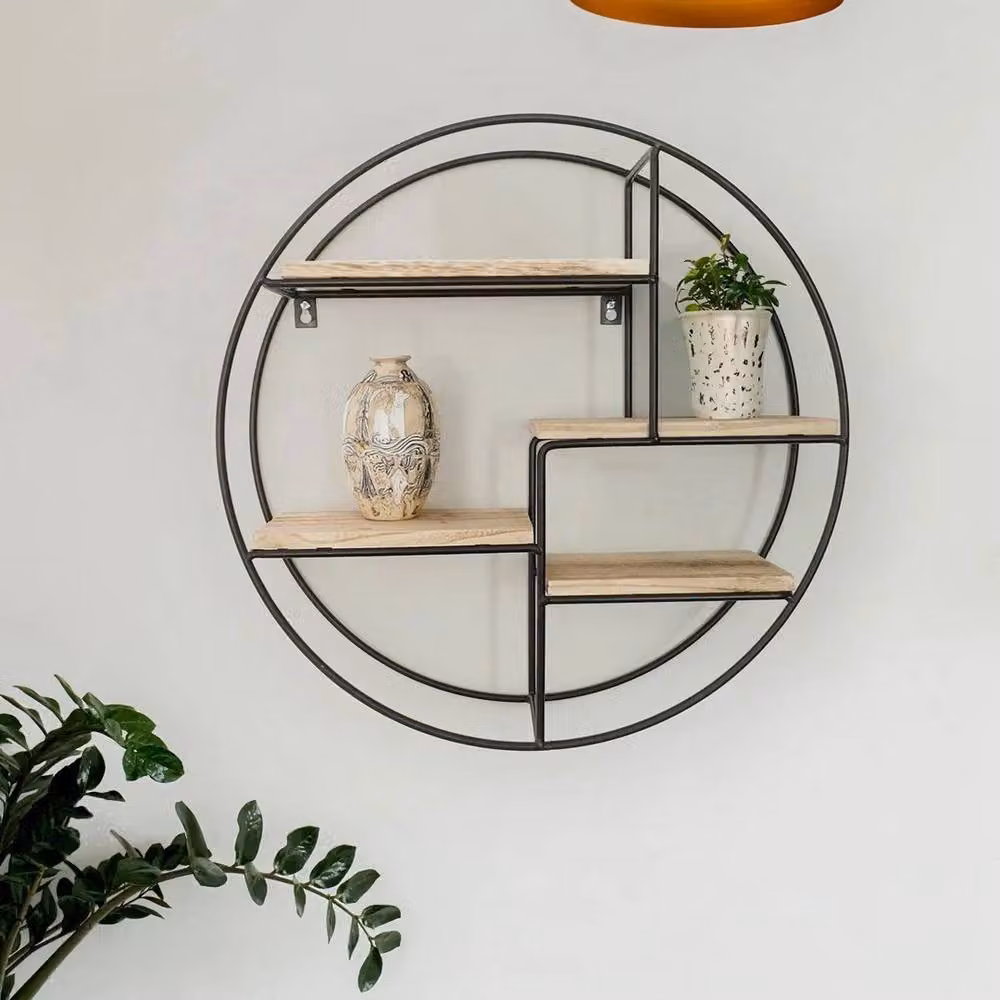 NESTLUNE Round Metal Wire Floating Wall Storage Shelf in Black – 3