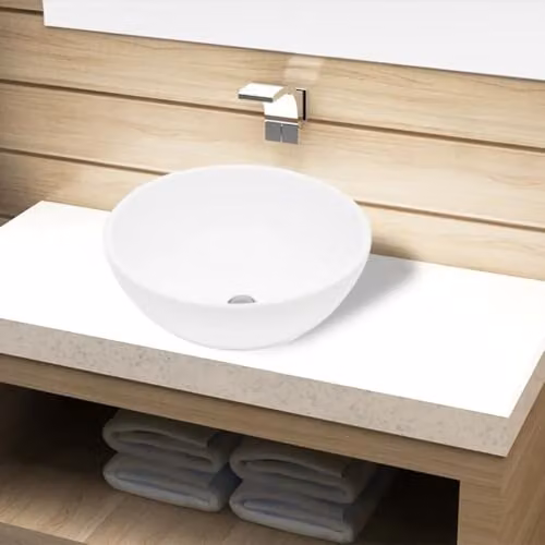 vidaXL Ceramic Round Bathroom Sink Basin, White, W: 32.5 cm, D: 32.5 cm, H: 14.0 cm – 2