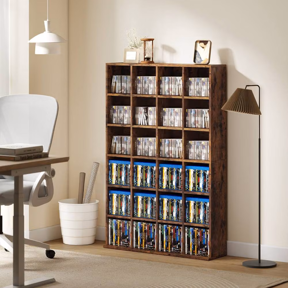 STILVORA CD Storage Unit with Adjustable Shelves and Media Compartments in Brown – 3