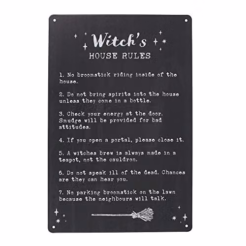 Something Different Witch's House Rules Metal Wall Sign, Black and White, W/H: 30.0 x 20.0 cm – 1
